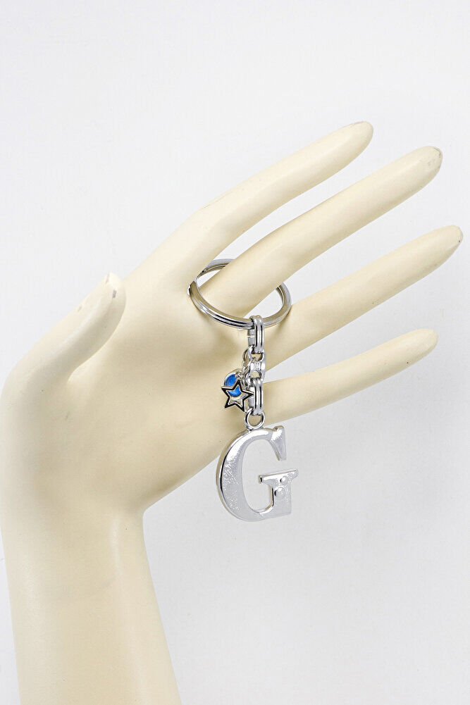 Yıldızlı Çerçeveli Nazar Boncuklu Gümüş Renkli Metal G Harfi Anahtarlık / Hediyelik Çanta Süsü