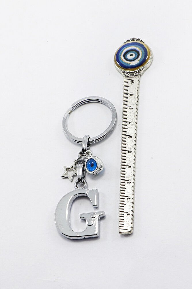Yıldızlı Çerçeveli Nazar Boncuklu Gümüş Renkli Metal G Harfi Anahtarlık / Hediyelik Çanta Süsü