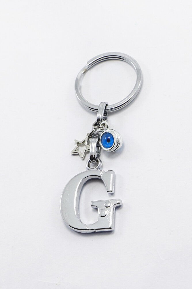 Yıldızlı Çerçeveli Nazar Boncuklu Gümüş Renkli Metal G Harfi Anahtarlık / Hediyelik Çanta Süsü