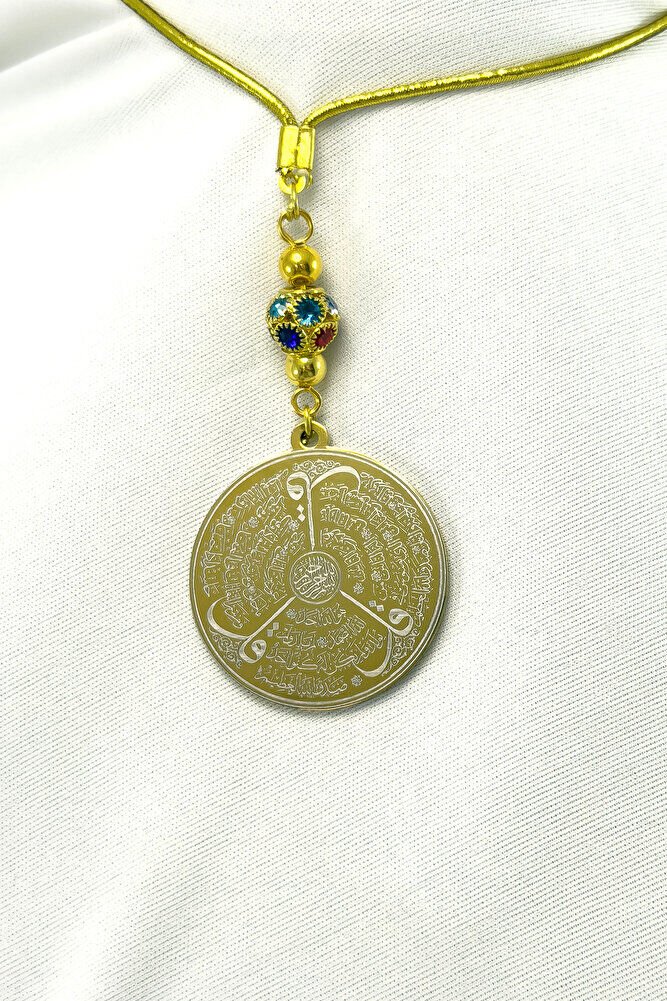 Renkli Taşlı Altın Renkli Çelik Çift Taraflı Ayetel Kürsi/Felak Nas İhlas Araba Dikiz Ayna Süsü