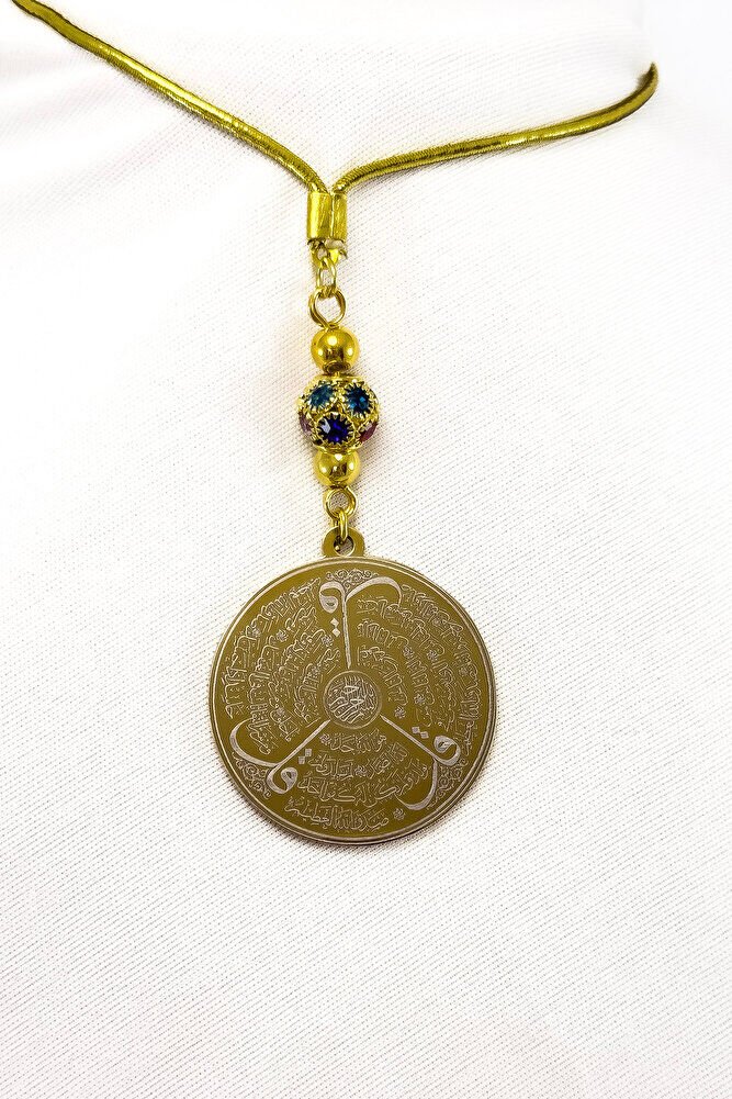 Renkli Taşlı Altın Renkli Çelik Çift Taraflı Ayetel Kürsi/Felak Nas İhlas Araba Dikiz Ayna Süsü