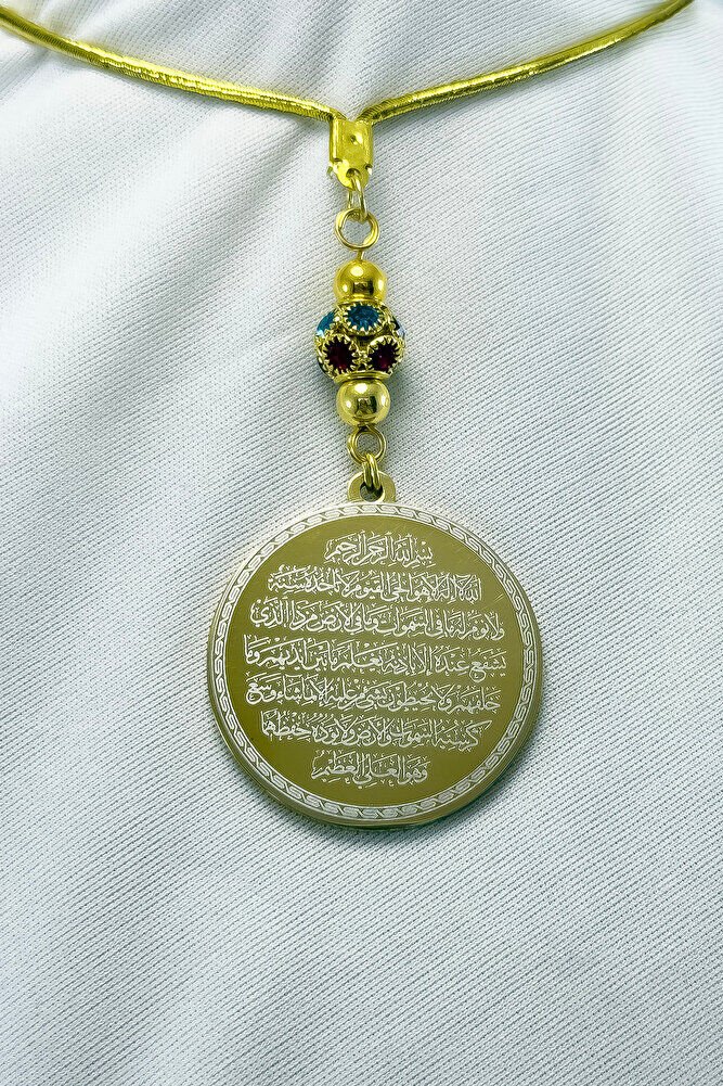 Renkli Taşlı Altın Renkli Çelik Çift Taraflı Ayetel Kürsi/Felak Nas İhlas Araba Dikiz Ayna Süsü