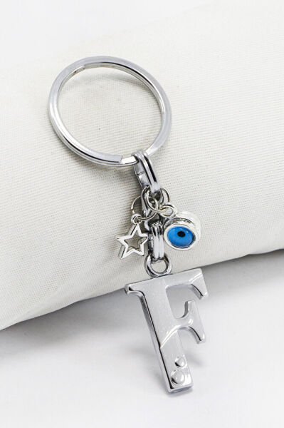 Yıldızlı Çerçeveli Nazar Boncuklu Gümüş Renkli Metal F Harfi Anahtarlık / Hediyelik Çanta Süsü