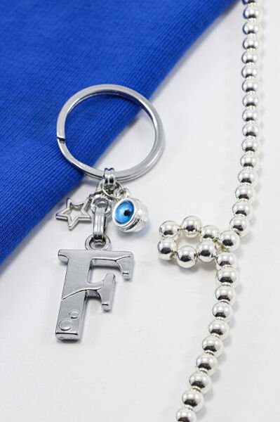 Yıldızlı Çerçeveli Nazar Boncuklu Gümüş Renkli Metal F Harfi Anahtarlık / Hediyelik Çanta Süsü