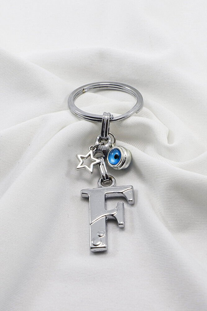 Yıldızlı Çerçeveli Nazar Boncuklu Gümüş Renkli Metal F Harfi Anahtarlık / Hediyelik Çanta Süsü
