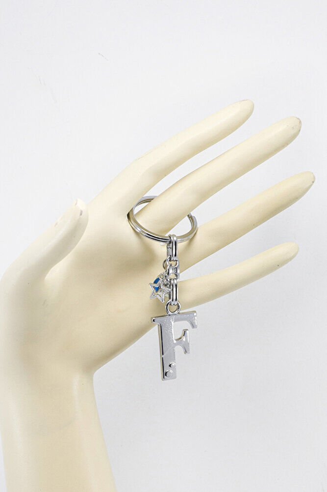 Yıldızlı Çerçeveli Nazar Boncuklu Gümüş Renkli Metal F Harfi Anahtarlık / Hediyelik Çanta Süsü