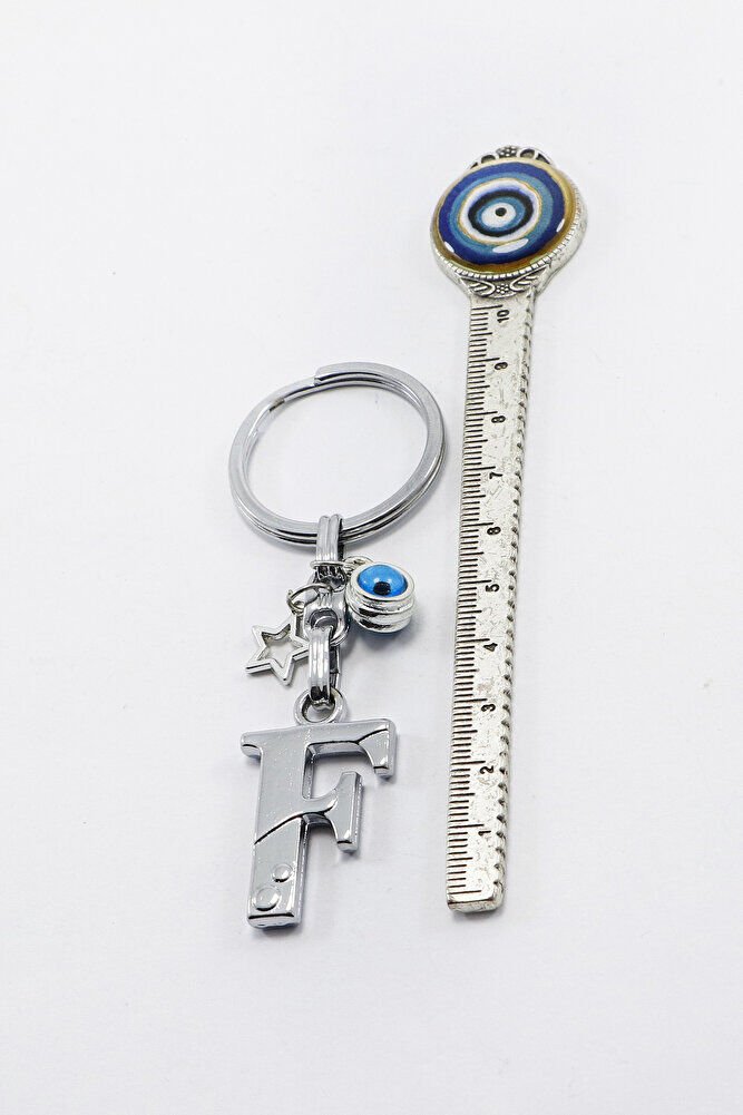 Yıldızlı Çerçeveli Nazar Boncuklu Gümüş Renkli Metal F Harfi Anahtarlık / Hediyelik Çanta Süsü