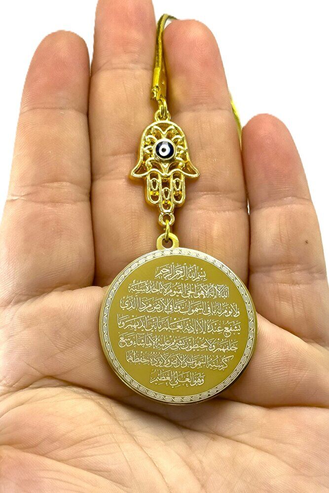 Nazar Hamseli Altın Renkli Çelik Çift Taraflı Ayetel Kürsi/Felak Nas İhlas Araba Dikiz Ayna Süsü