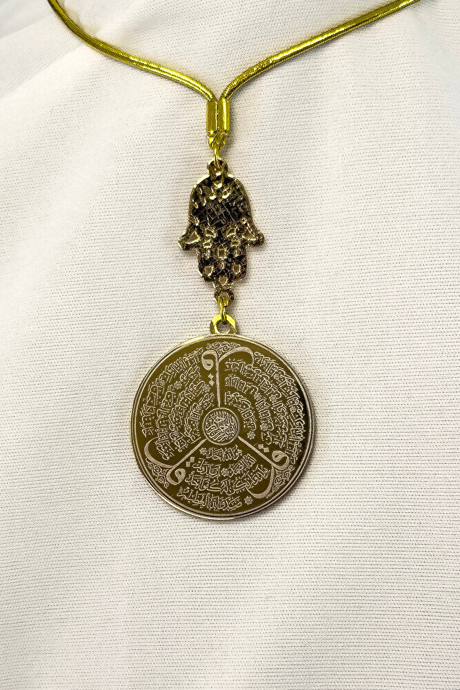 Nazar Hamseli Altın Renkli Çelik Çift Taraflı Ayetel Kürsi/Felak Nas İhlas Araba Dikiz Ayna Süsü