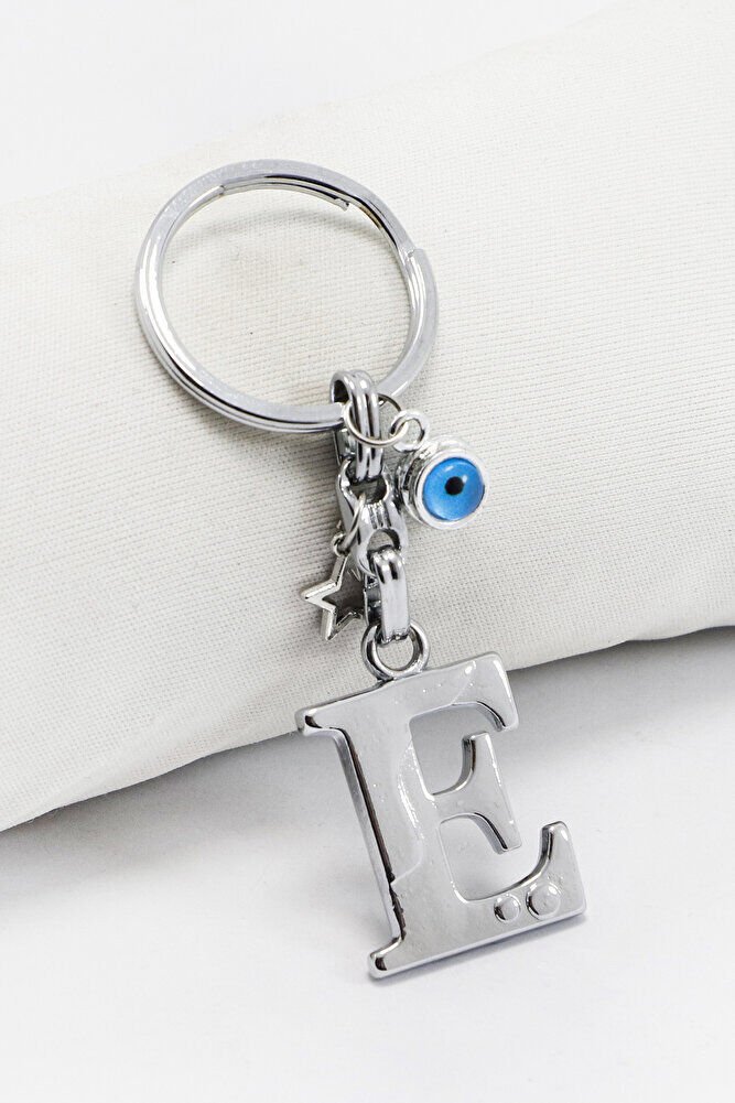 Yıldızlı Çerçeveli Nazar Boncuklu Gümüş Renkli Metal E Harfi Anahtarlık / Hediyelik Çanta Süsü
