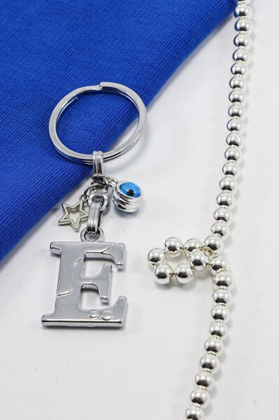 Yıldızlı Çerçeveli Nazar Boncuklu Gümüş Renkli Metal E Harfi Anahtarlık / Hediyelik Çanta Süsü