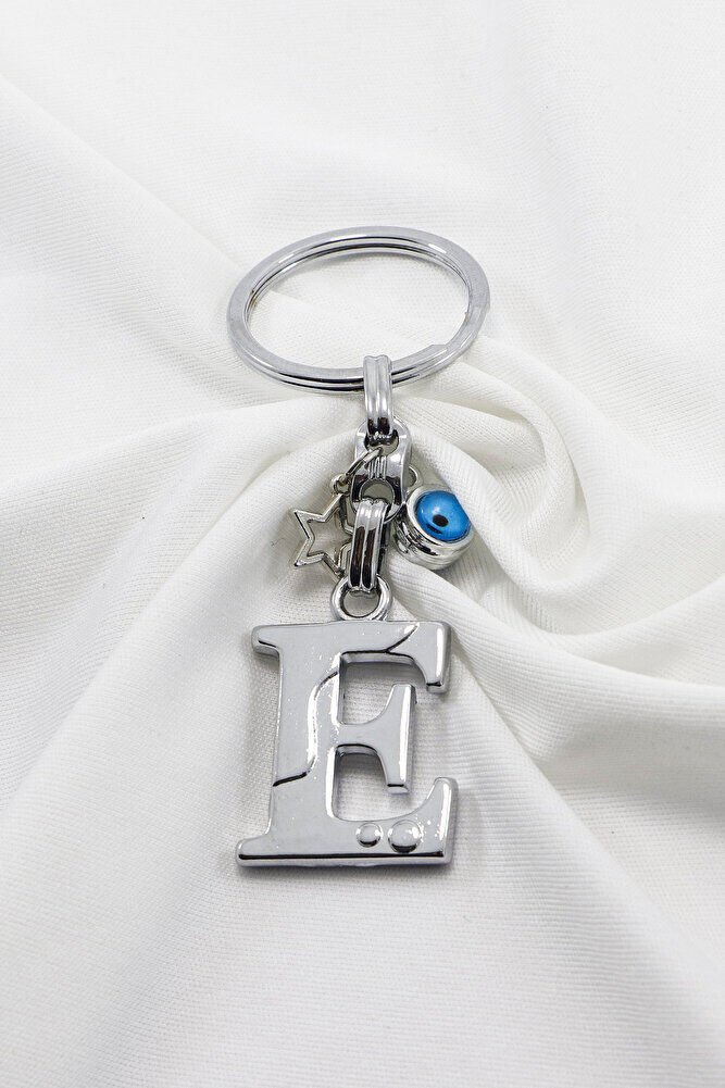 Yıldızlı Çerçeveli Nazar Boncuklu Gümüş Renkli Metal E Harfi Anahtarlık / Hediyelik Çanta Süsü