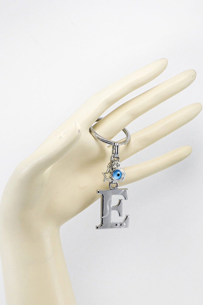Yıldızlı Çerçeveli Nazar Boncuklu Gümüş Renkli Metal E Harfi Anahtarlık / Hediyelik Çanta Süsü