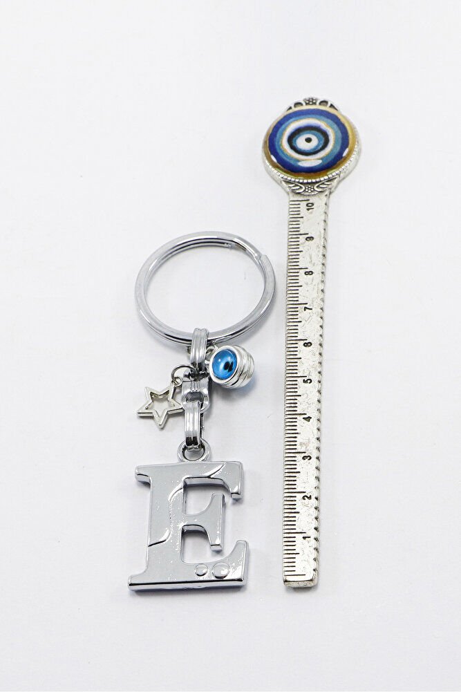 Yıldızlı Çerçeveli Nazar Boncuklu Gümüş Renkli Metal E Harfi Anahtarlık / Hediyelik Çanta Süsü