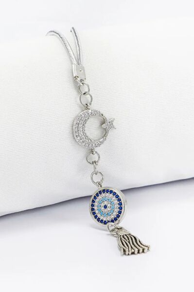 Parlak Taşlı Ay Yıldızlı Nazar Boncuğu Araba Dikiz Ayna Süsü, Gümüş Renkli Yeni Araba Hediyesi