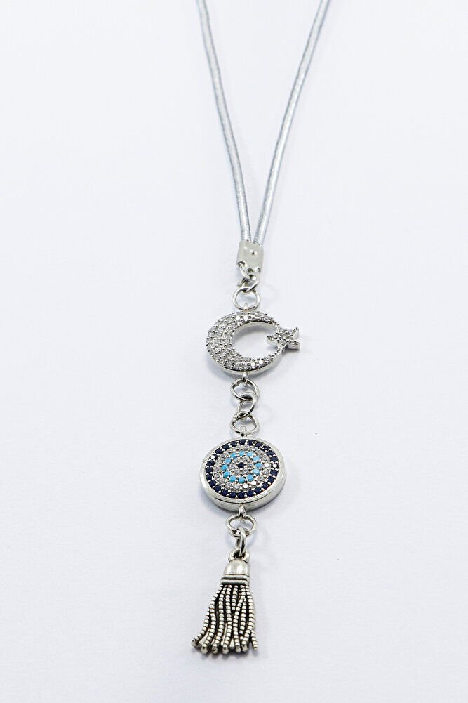 Parlak Taşlı Ay Yıldızlı Nazar Boncuğu Araba Dikiz Ayna Süsü, Gümüş Renkli Yeni Araba Hediyesi