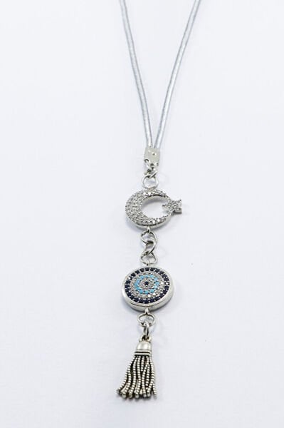 Parlak Taşlı Ay Yıldızlı Nazar Boncuğu Araba Dikiz Ayna Süsü, Gümüş Renkli Yeni Araba Hediyesi