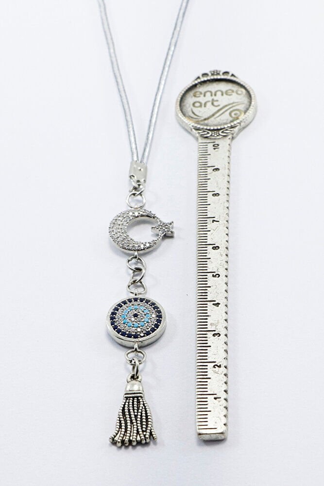 Parlak Taşlı Ay Yıldızlı Nazar Boncuğu Araba Dikiz Ayna Süsü, Gümüş Renkli Yeni Araba Hediyesi