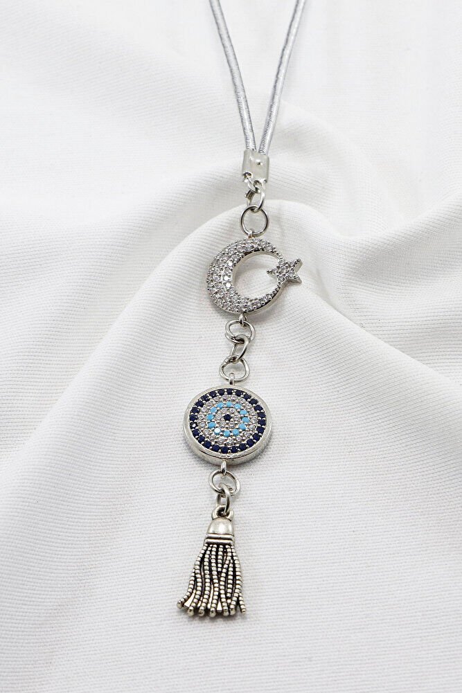 Parlak Taşlı Ay Yıldızlı Nazar Boncuğu Araba Dikiz Ayna Süsü, Gümüş Renkli Yeni Araba Hediyesi