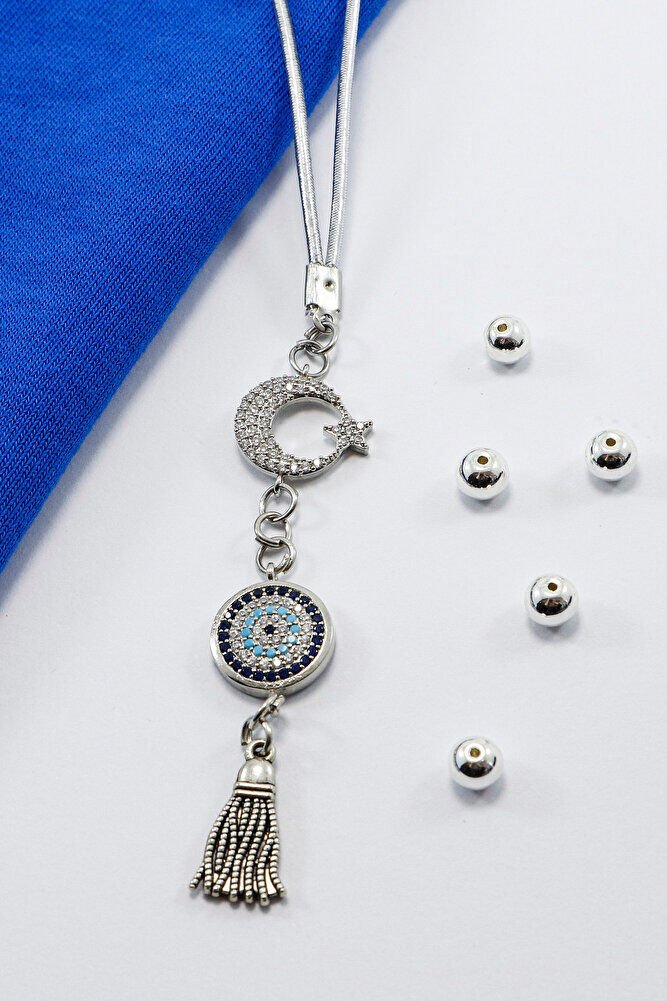 Parlak Taşlı Ay Yıldızlı Nazar Boncuğu Araba Dikiz Ayna Süsü, Gümüş Renkli Yeni Araba Hediyesi