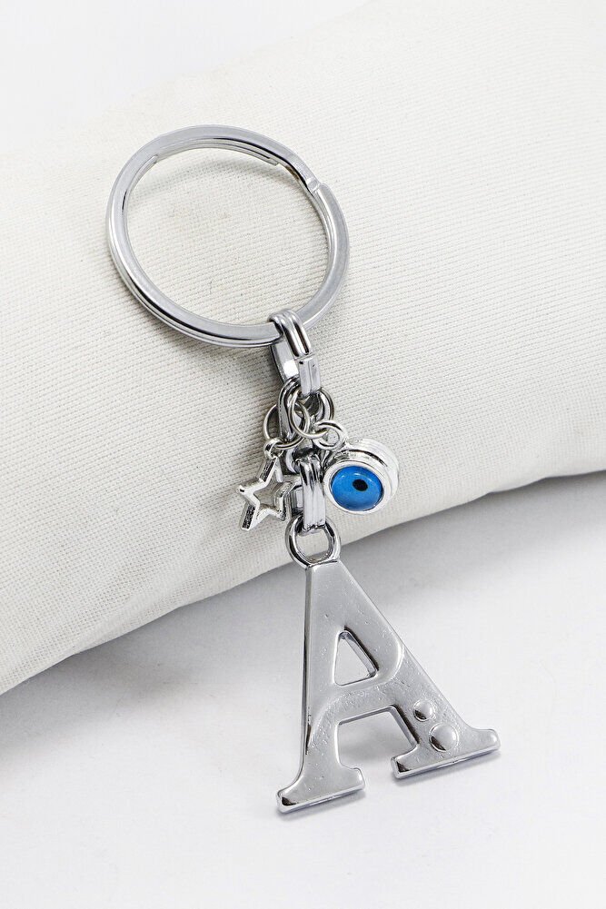 Yıldızlı Çerçeveli Nazar Boncuklu Gümüş Renkli Metal A Harfi Anahtarlık / Hediyelik Çanta Süsü