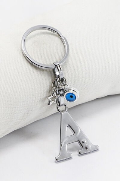 Yıldızlı Çerçeveli Nazar Boncuklu Gümüş Renkli Metal A Harfi Anahtarlık / Hediyelik Çanta Süsü