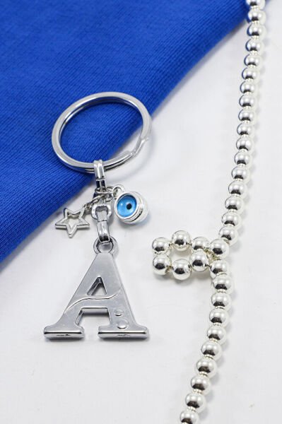 Yıldızlı Çerçeveli Nazar Boncuklu Gümüş Renkli Metal A Harfi Anahtarlık / Hediyelik Çanta Süsü