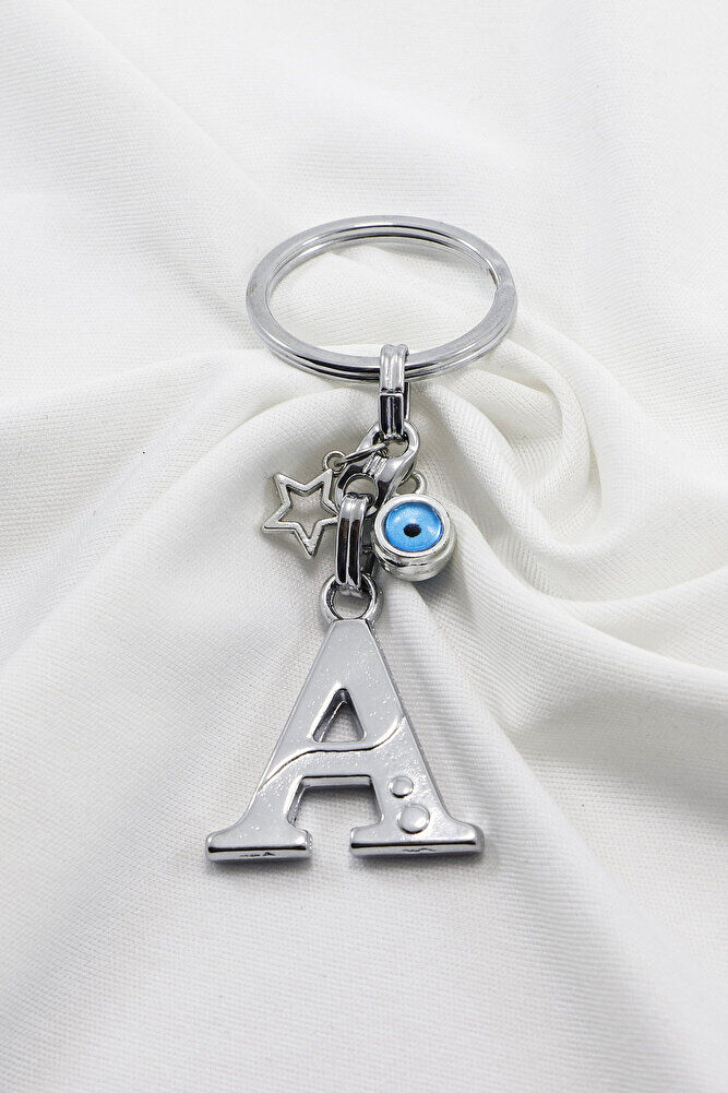 Yıldızlı Çerçeveli Nazar Boncuklu Gümüş Renkli Metal A Harfi Anahtarlık / Hediyelik Çanta Süsü