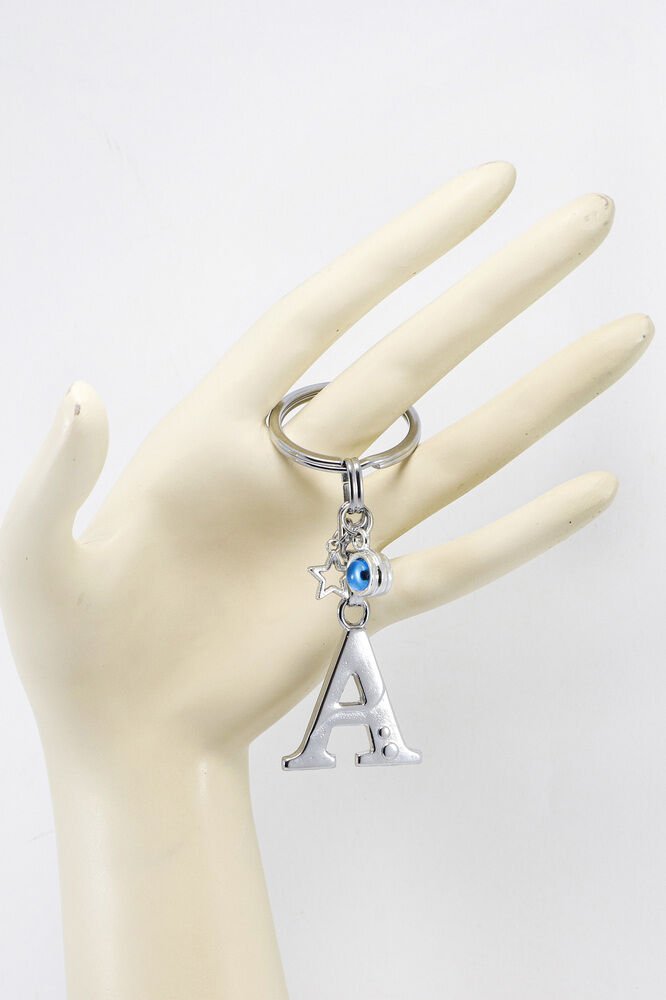 Yıldızlı Çerçeveli Nazar Boncuklu Gümüş Renkli Metal A Harfi Anahtarlık / Hediyelik Çanta Süsü