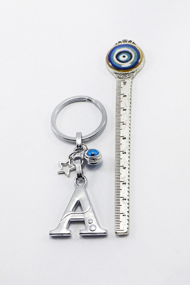 Yıldızlı Çerçeveli Nazar Boncuklu Gümüş Renkli Metal A Harfi Anahtarlık / Hediyelik Çanta Süsü