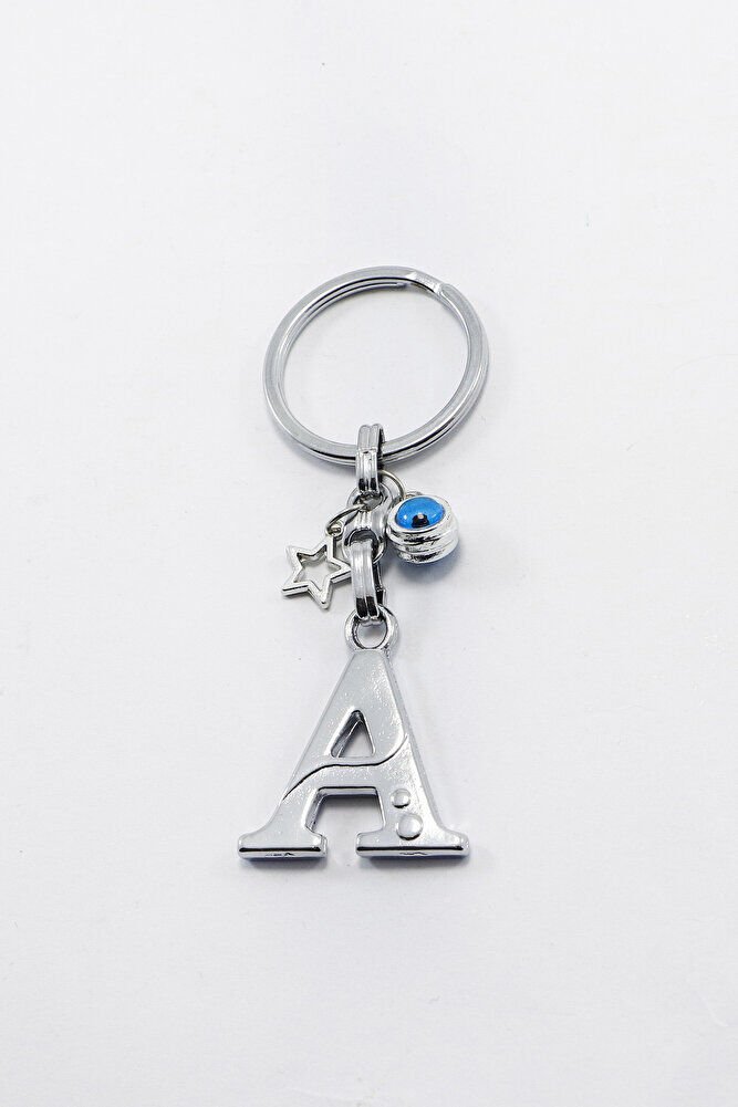 Yıldızlı Çerçeveli Nazar Boncuklu Gümüş Renkli Metal A Harfi Anahtarlık / Hediyelik Çanta Süsü