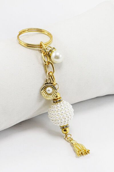 Gold Halkalı Beyaz İncili Böğürtlen Salkım Püsküllü Anahtarlık, Hediyelik Çanta Süsü