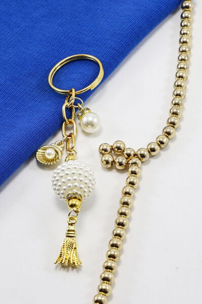 Gold Halkalı Beyaz İncili Böğürtlen Salkım Püsküllü Anahtarlık, Hediyelik Çanta Süsü