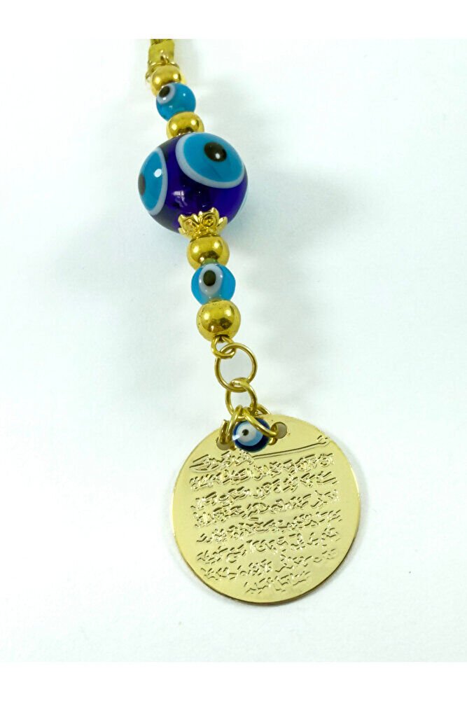 El Yapımı Cam Nazarlı Metal Ayetel Kürsi Araba Dikiz Ayna Süsü, Gold Renkli Yeni Araba Hediyesi