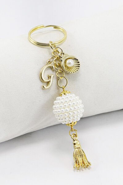 Gold Halkalı G Harfi Böğürtlen Salkım Püsküllü Küçük Anahtarlık, Hediyelik Çanta Süsü