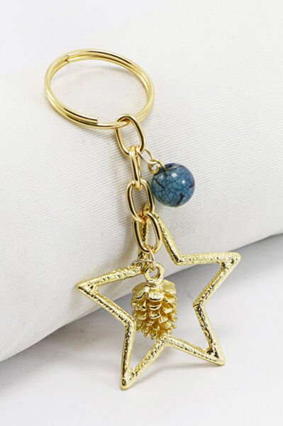 Gold Halkalı Yıldızlı Kozalak Salkım Akik Doğal Taşlı Anahtarlık, Hediyelik Çanta Süsü