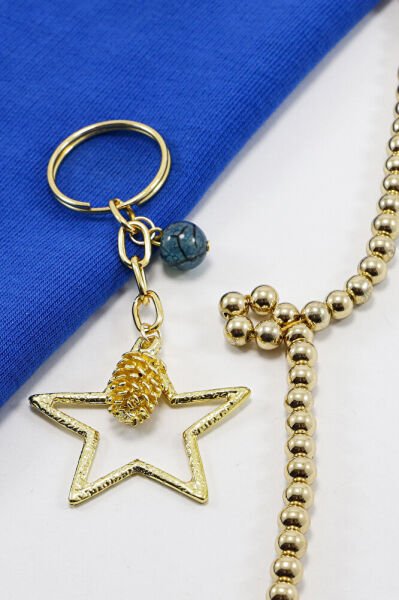Gold Halkalı Yıldızlı Kozalak Salkım Akik Doğal Taşlı Anahtarlık, Hediyelik Çanta Süsü