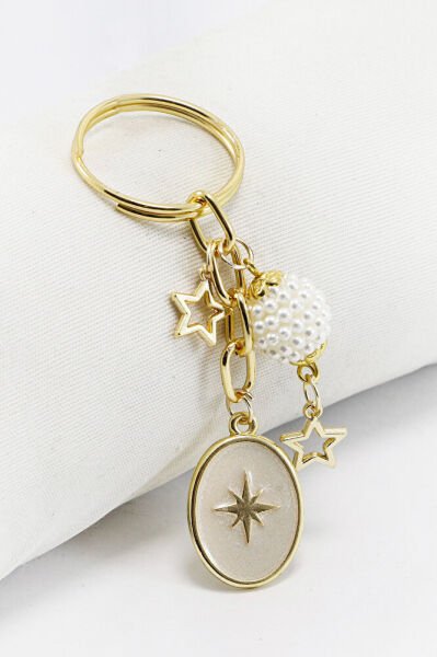 Gold Halkalı Beyaz İncili Böğürtlen Salkım Sedefli Kutup Yıldızı Anahtarlık, Hediyelik Çanta Süsü