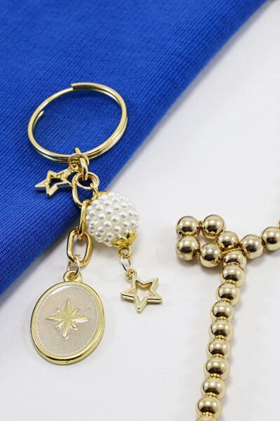 Gold Halkalı Beyaz İncili Böğürtlen Salkım Sedefli Kutup Yıldızı Anahtarlık, Hediyelik Çanta Süsü