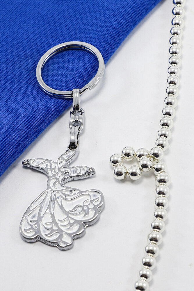 Mineli Gümüş Renk Detaylı Semazen Anahtarlık, Hediyelik Çanta Süsü