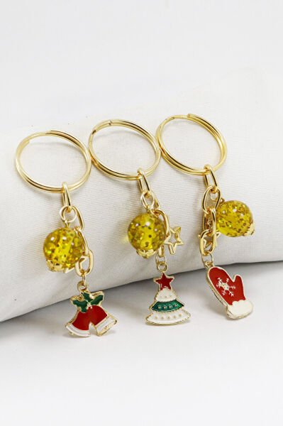 Gold Halkalı Renkli Yılbaşı Temalı Anahtarlık, Hediyelik Christmas Çanta Süsü