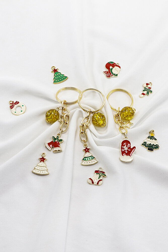Gold Halkalı Renkli Yılbaşı Temalı Anahtarlık, Hediyelik Christmas Çanta Süsü