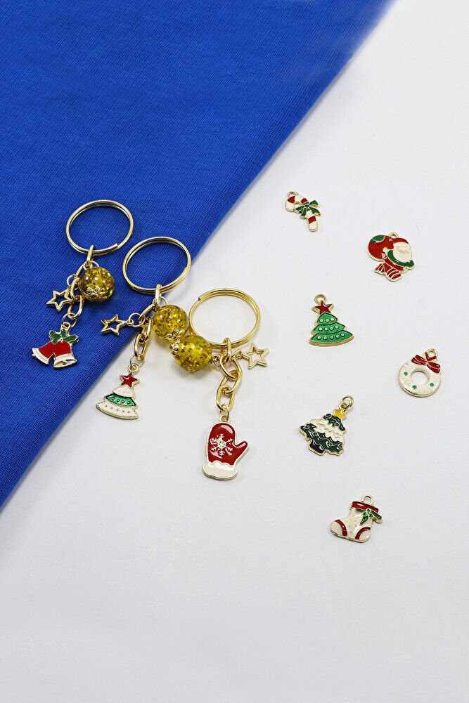 Gold Halkalı Renkli Yılbaşı Temalı Anahtarlık, Hediyelik Christmas Çanta Süsü