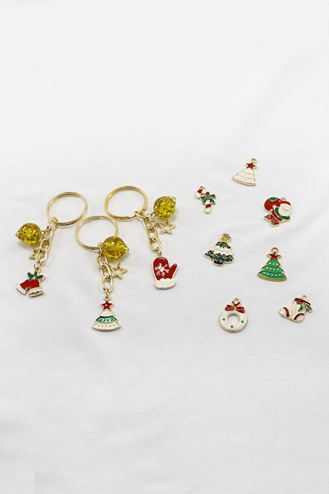 Gold Halkalı Renkli Yılbaşı Temalı Anahtarlık, Hediyelik Christmas Çanta Süsü