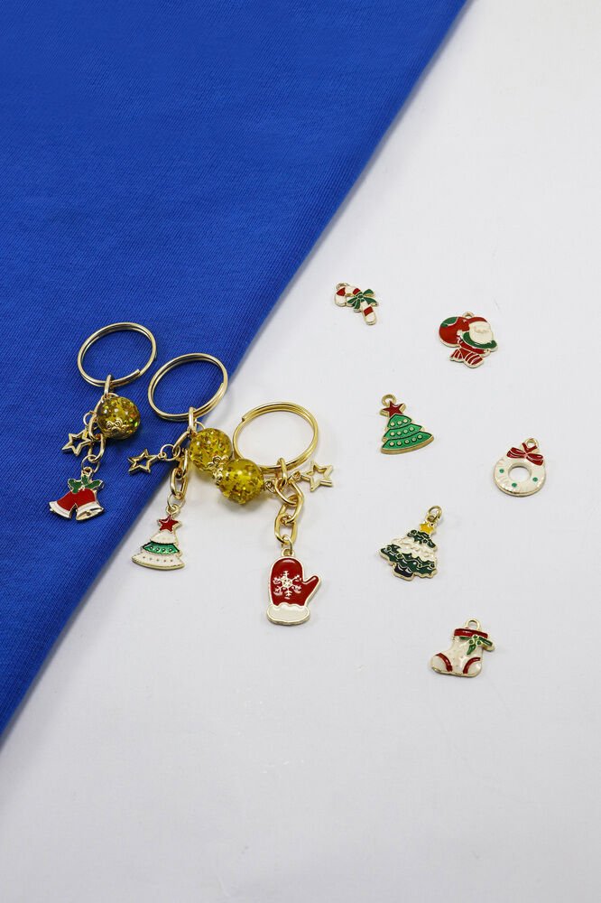 Gold Halkalı Renkli Yılbaşı Temalı Anahtarlık, Hediyelik Christmas Çanta Süsü