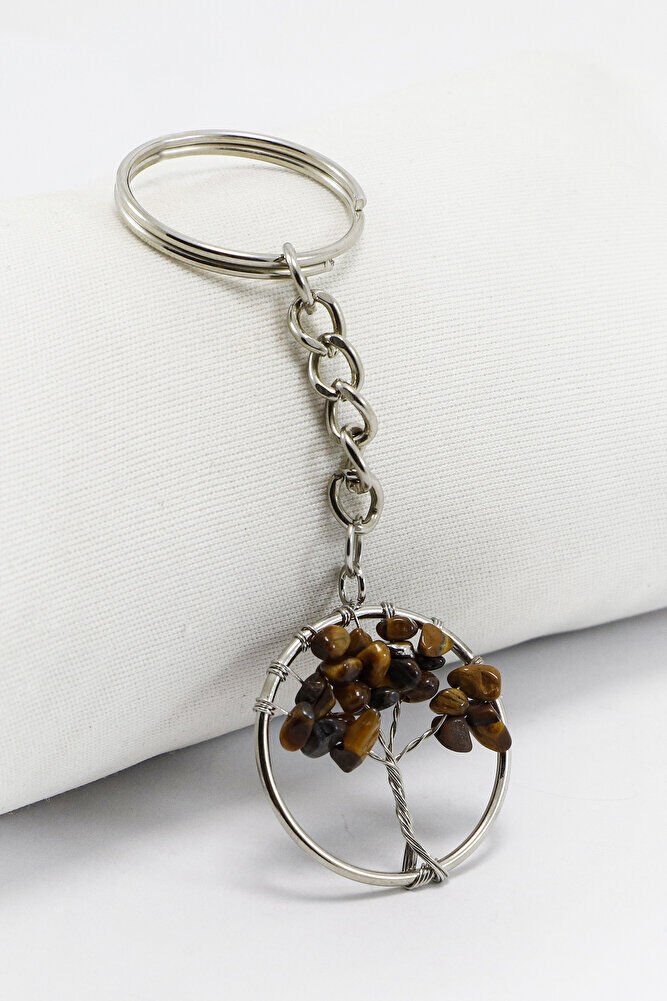 Gümüş Renk Halkalı Kaplan Gözü Doğal Taşlı Hayat Ağacı Anahtarlık, Hediyelik Şık Çanta Süsü