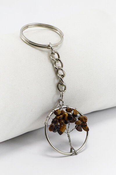 Gümüş Renk Halkalı Kaplan Gözü Doğal Taşlı Hayat Ağacı Anahtarlık, Hediyelik Şık Çanta Süsü