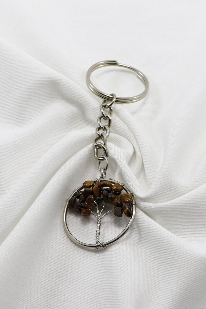 Gümüş Renk Halkalı Kaplan Gözü Doğal Taşlı Hayat Ağacı Anahtarlık, Hediyelik Şık Çanta Süsü