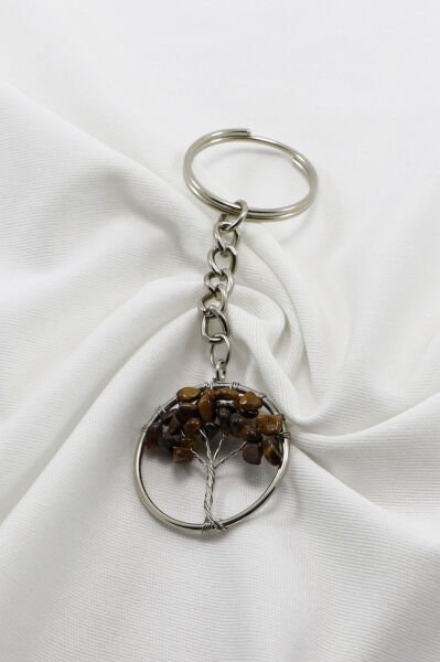 Gümüş Renk Halkalı Kaplan Gözü Doğal Taşlı Hayat Ağacı Anahtarlık, Hediyelik Şık Çanta Süsü