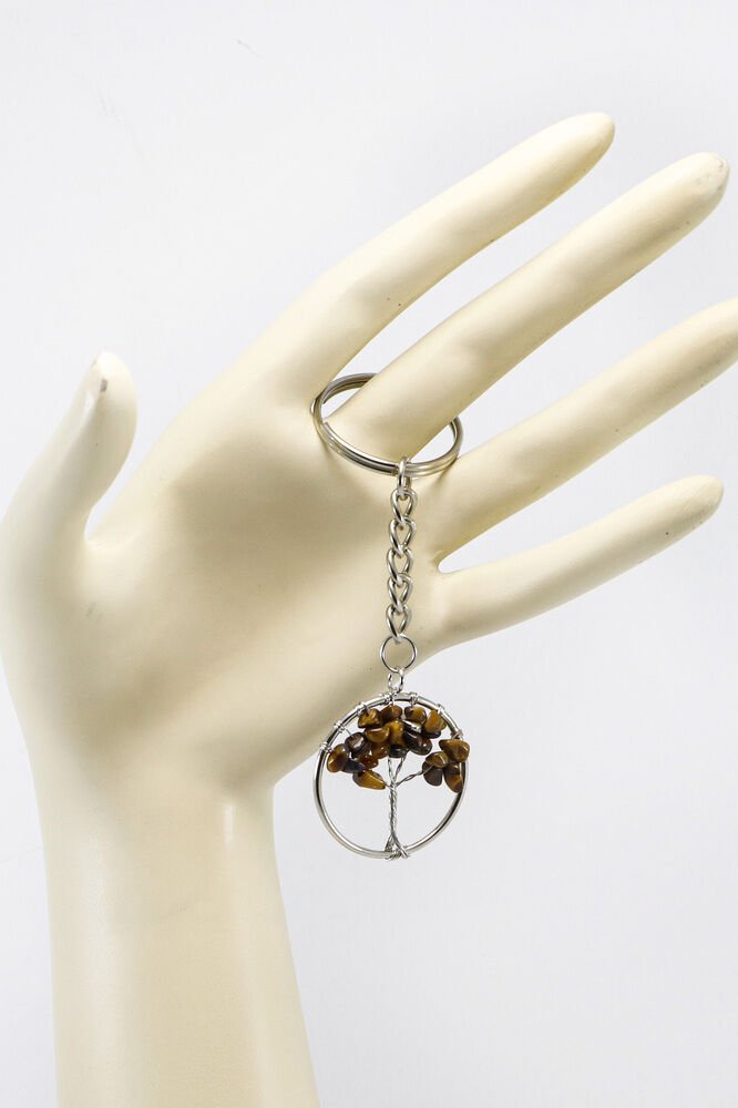 Gümüş Renk Halkalı Kaplan Gözü Doğal Taşlı Hayat Ağacı Anahtarlık, Hediyelik Şık Çanta Süsü